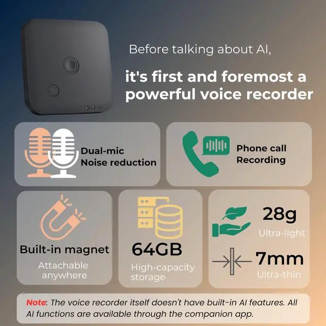 Alt view image 5 of 6 - FoCase Note AI Voice Recorder, Transcribe & Summarize, Translation, APP Control with Chat GPT, Magnetic, 64GB Memory, Support 112 Languages, Audio Recorder for Phone Calls, Lectures, Meetings
