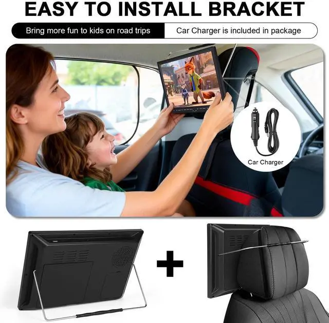 Alt view image 3 of 6 - Portable Car DVD Player 14.1" Screen, Headrest Mount, Region Free | Support 720P MP4, USB/SD, AV In/Out, Stainless Steel Foldable Stand, High Volume Speaker, for Backseat Kids