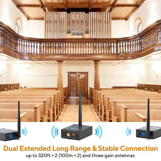 Alt view image 4 of 6 - 3-in-1 2.4Ghz Wireless Audio Transmitter Receiver (1 TX+2 RX) | For 2 Powered Speaker/Power Amplifier, 20ms Low Latency, 328ft Range, Optical/Coaxial/3.5mm(RCA) Audio Input/Output