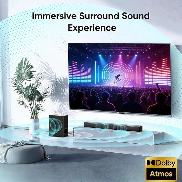 Alt view image 2 of 6 - Sound Bar with Subwoofer, 100W Bass Soundbar for Smart TV, w/Dolby Atmos 3D Surround Sound System, 2.1CH Home Theater Audio Soundbar, Adjustable Home Theater Bluetooth Speaker for TV/Projector/PC