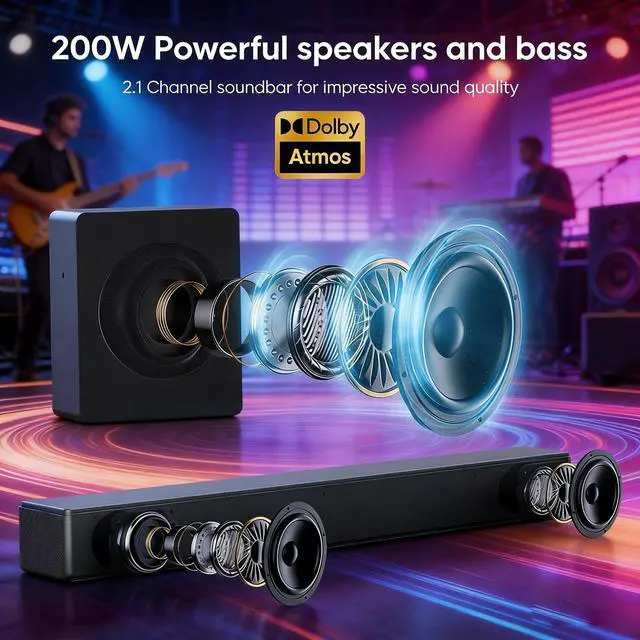 Alt view image 3 of 6 - Sound Bar with Subwoofer, 100W Bass Soundbar for Smart TV, w/Dolby Atmos 3D Surround Sound System, 2.1CH Home Theater Audio Soundbar, Adjustable Home Theater Bluetooth Speaker for TV/Projector/PC