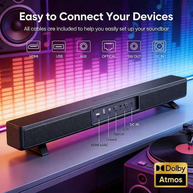 Alt view image 6 of 6 - Sound Bar with Subwoofer, 100W Bass Soundbar for Smart TV, w/Dolby Atmos 3D Surround Sound System, 2.1CH Home Theater Audio Soundbar, Adjustable Home Theater Bluetooth Speaker for TV/Projector/PC