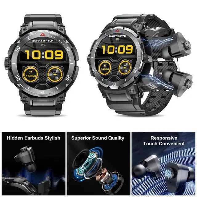 Alt view image 2 of 6 - Smart Watch with Earbuds for Men, 1.53" HD Screen Military Watch, Answer/Make Calls, Sports Fitness Trackers with Heart Rate, Blood Oxygen, Sleep Monitor, for Men Dad Husband