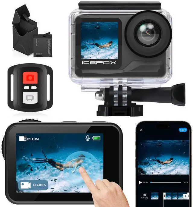 Main image of 4K Action Camera 5X Zoom 60FPS 20MP 98FT Underwater Sports | Dual 2150mAh Batteries, Waterproof Housing, EIS Stabilization, Snappro App Video & Photo Editing, Great for Diving Travel