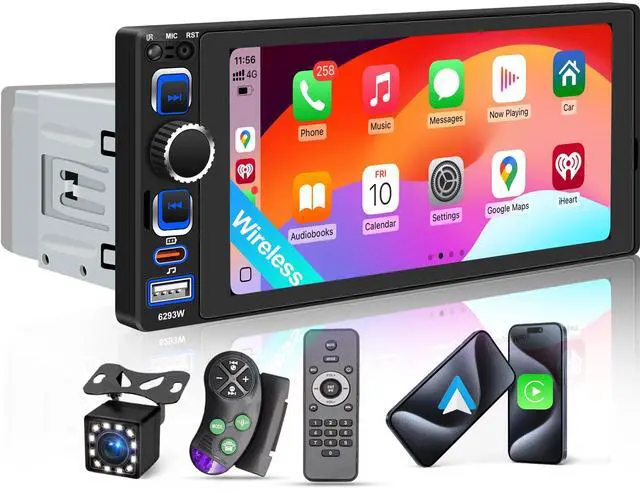 Main image of 6.8" Single Din Car Stereo with Wireless CarPlay, Android Auto Car Radio | 1280 * 600 IPS Touchscreen,Bluetooth 5.2, FM Radio,Dual USB Ports,Type-C Quick Charge, Backup Camera