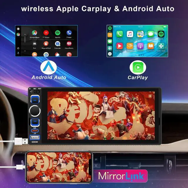 Alt view image 2 of 6 - 6.8" Single Din Car Stereo with Wireless CarPlay, Android Auto Car Radio | 1280 * 600 IPS Touchscreen,Bluetooth 5.2, FM Radio,Dual USB Ports,Type-C Quick Charge, Backup Camera