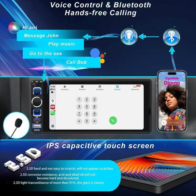 Alt view image 3 of 6 - 6.8" Single Din Car Stereo with Wireless CarPlay, Android Auto Car Radio | 1280 * 600 IPS Touchscreen,Bluetooth 5.2, FM Radio,Dual USB Ports,Type-C Quick Charge, Backup Camera