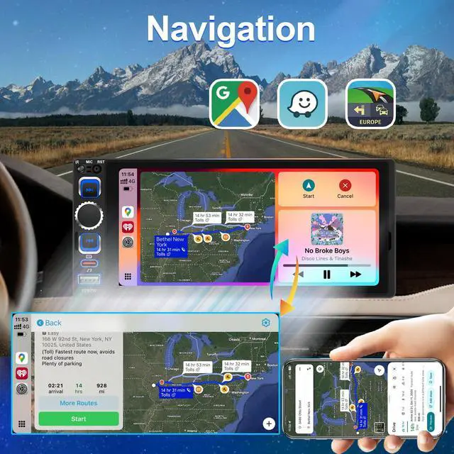 Alt view image 4 of 6 - 6.8" Single Din Car Stereo with Wireless CarPlay, Android Auto Car Radio | 1280 * 600 IPS Touchscreen,Bluetooth 5.2, FM Radio,Dual USB Ports,Type-C Quick Charge, Backup Camera