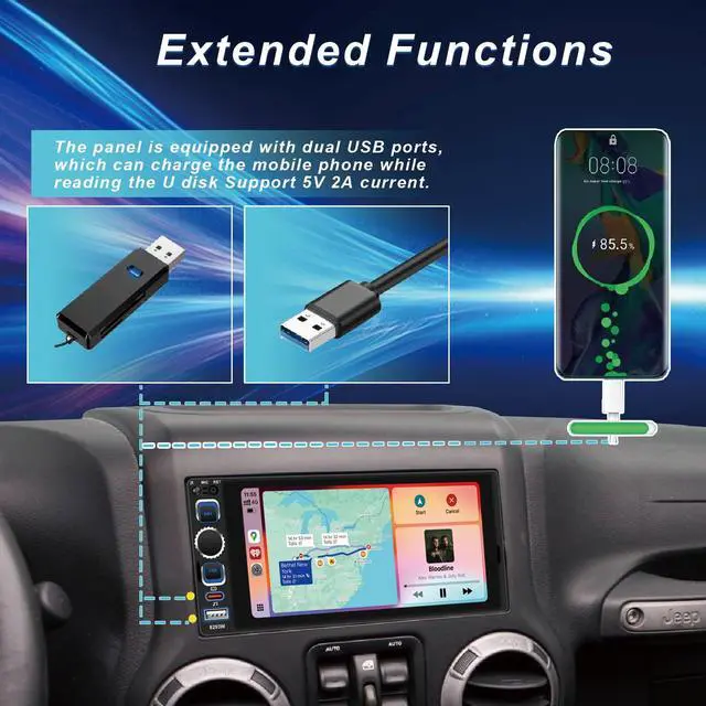 Alt view image 6 of 6 - 6.8" Single Din Car Stereo with Wireless CarPlay, Android Auto Car Radio | 1280 * 600 IPS Touchscreen,Bluetooth 5.2, FM Radio,Dual USB Ports,Type-C Quick Charge, Backup Camera
