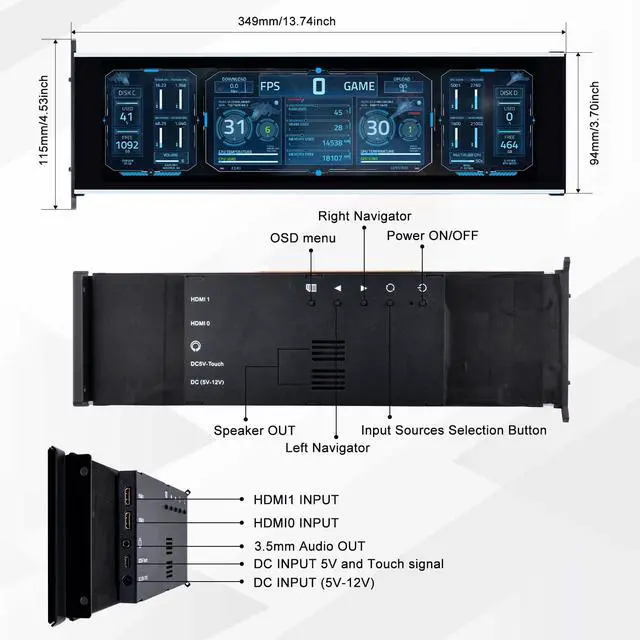 Alt view image 2 of 6 - 12.6 Inch IPS LCD Touch Screen Monitor FHD 1920x515 Display, Fit for Hyte Y60 PC Case CPU GPU Secondary Monitor Panel, Built-in Dual Speakers, Plug & Play,with up to 10-Points of Multi-Touch