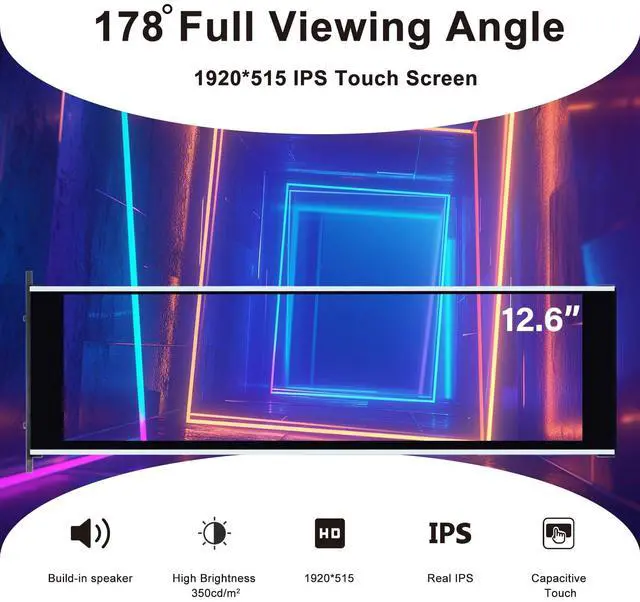 Alt view image 3 of 6 - 12.6 Inch IPS LCD Touch Screen Monitor FHD 1920x515 Display, Fit for Hyte Y60 PC Case CPU GPU Secondary Monitor Panel, Built-in Dual Speakers, Plug & Play,with up to 10-Points of Multi-Touch