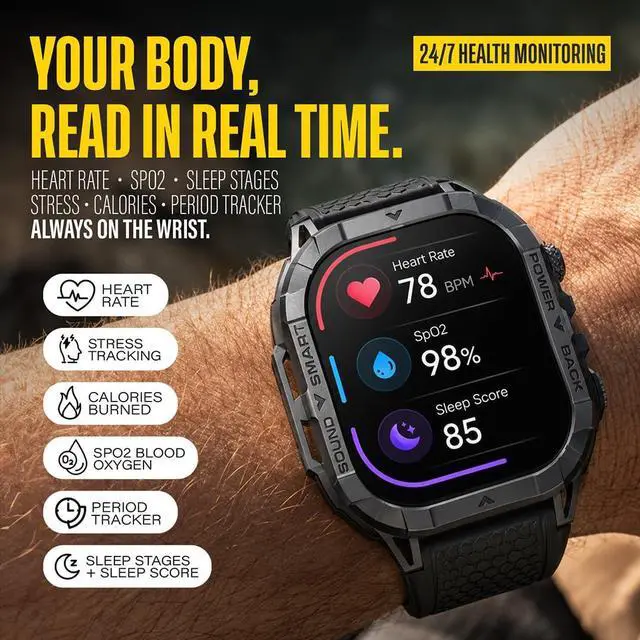 Alt view image 2 of 6 - Echo Smartwatch for Men, Tactical Square Smart Watch, 2.13 Inch AMOLED Big Face Display, 480mAh, Built-in Flashlight, Compass, Bluetooth Calling, IP68 Water Resistant