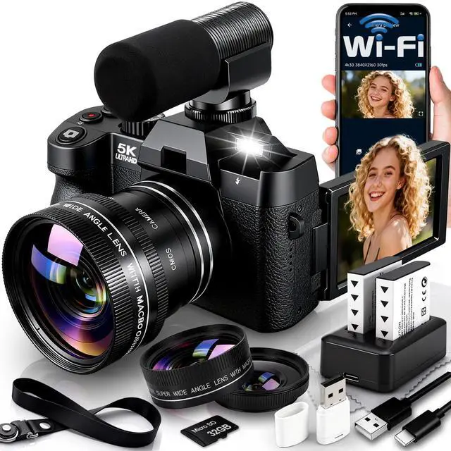 Main image of 5K Digital Camera for Photography with Wide Angle & Macro Lens | Flip Screen, Wireless WiFi Connection, Beginners Camera with Microphone, 32GB MicroSD Card, Card Reader, 2 Batteries, Charger