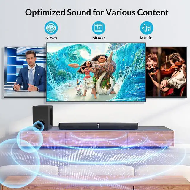 Alt view image 2 of 5 - Sound Bar with Subwoofer, 110W Sound Bar for Smart TV with Adjustable Deep Bass & Volume Boost & 3 EQ Modes, Bluetooth/ARC/Opt/AUX, Detachable Soundbar for TV/PC/Gaming/Projector