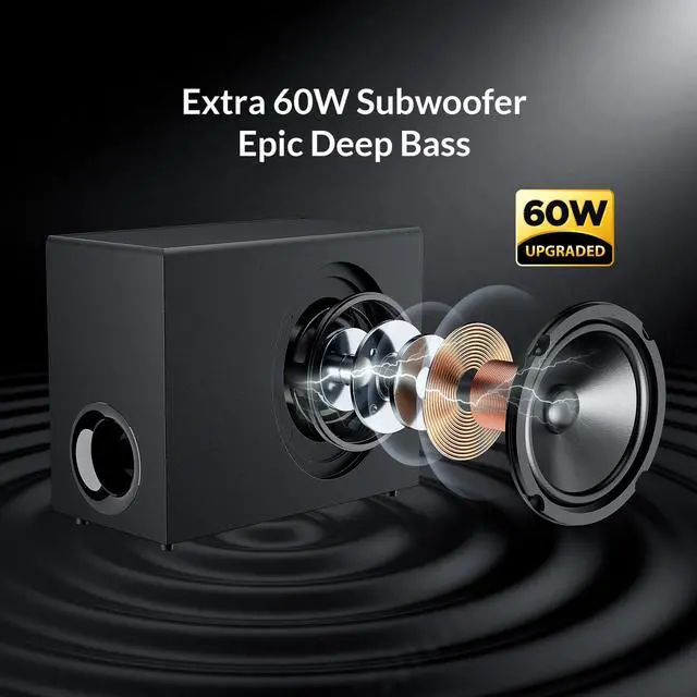 Alt view image 3 of 5 - Sound Bar with Subwoofer, 110W Sound Bar for Smart TV with Adjustable Deep Bass & Volume Boost & 3 EQ Modes, Bluetooth/ARC/Opt/AUX, Detachable Soundbar for TV/PC/Gaming/Projector