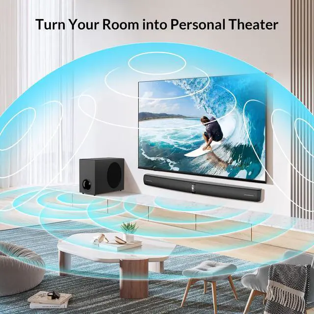 Alt view image 5 of 5 - Sound Bar with Subwoofer, 110W Sound Bar for Smart TV with Adjustable Deep Bass & Volume Boost & 3 EQ Modes, Bluetooth/ARC/Opt/AUX, Detachable Soundbar for TV/PC/Gaming/Projector