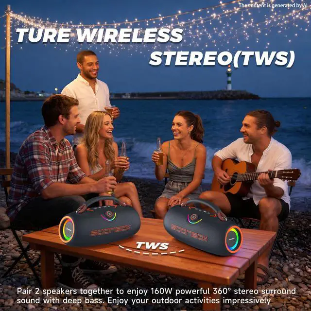 Alt view image 5 of 6 - Portable Bluetooth Speakers, 80W Wireless Outdoor Speakers, Black | IPX6 Waterproof, Bluetooth 5.3, Bass Boost, 24H Playtime, 8000mAh, RGB Lights, TWS Pairing for Party, Camping, Beach & Pool
