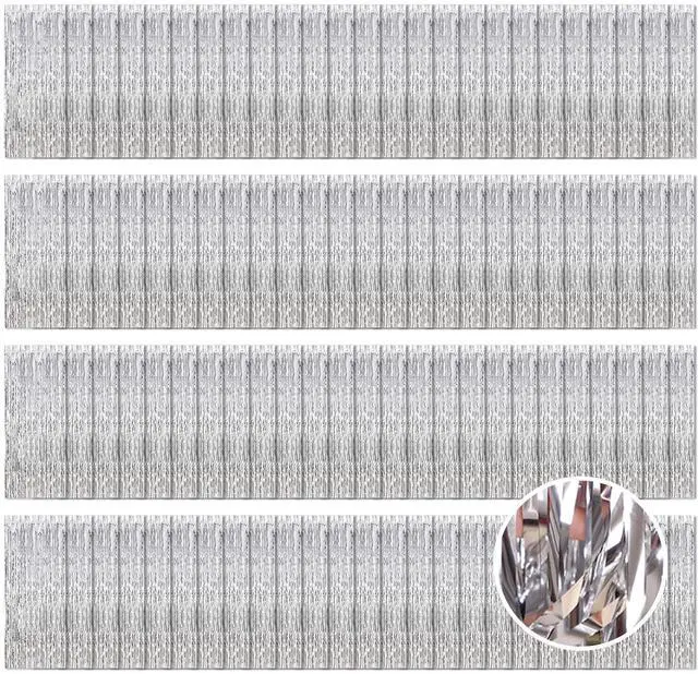 Main image of 100 Pack Silver Foil Fringe Backdrop Curtains 3.2ft x 8.2ft Silver Tinsel Foil Fringe Curtains for Birthday Party Decorations Photo Booth Backdrop for Halloween Christmas New Year Holiday Decorations