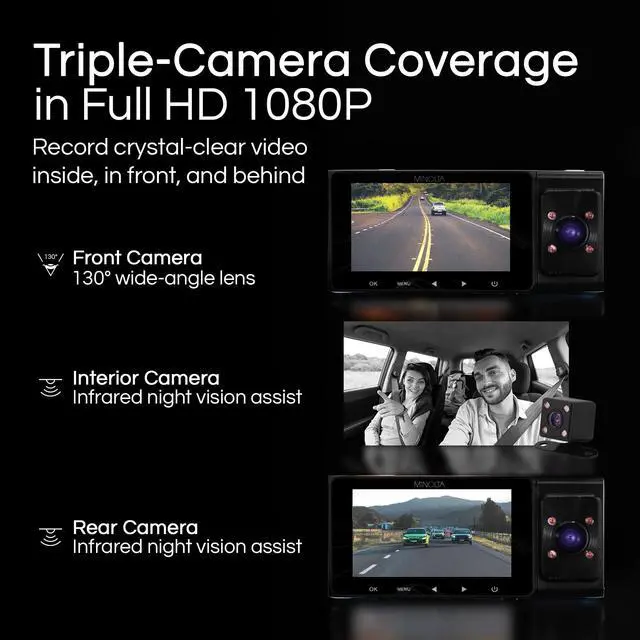 Alt view image 2 of 5 - MNCD338T 3-Channel 1080P Dash Camera w/Rear & Interior Cam (Black) | Capture sharp HD video with an easy-to-use touchscreen and versatile zoom for everyday recording