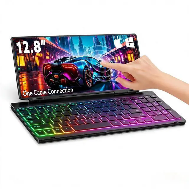 Main image of 12.8" Portable Touchscreen Keyboard Monitor, Foldable Stretched Bar Laptop Screen Extender with Silent Keyboard USB-C Monitor for Windows MacOS (Driver Need)