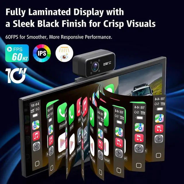Alt view image 2 of 6 - Portable Wireless CarPlay Screen, 10.26" Fully Laminated IPS Touch Screen Car Stereo with Wireless CarPlay & Android Auto, 4K Front 2.5K Rear Dash Cam,1080P Backup Camera,Super Link,Plug & Play
