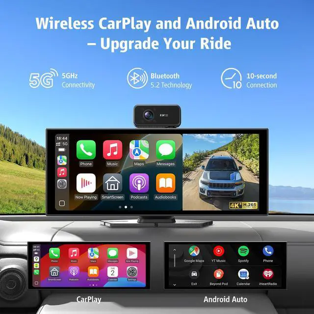 Alt view image 4 of 6 - Portable Wireless CarPlay Screen, 10.26" Fully Laminated IPS Touch Screen Car Stereo with Wireless CarPlay & Android Auto, 4K Front 2.5K Rear Dash Cam,1080P Backup Camera,Super Link,Plug & Play