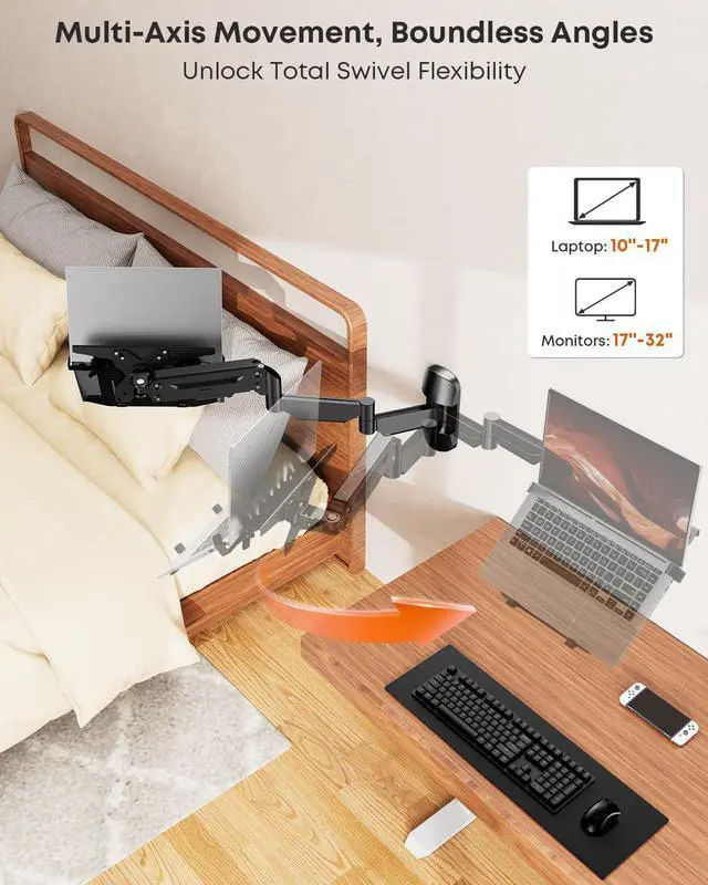 Alt view image 2 of 6 - Long Arm 2-in-1 Laptop Wall Mount with Detachable Tray for 12-17'' Laptops | 30.28'' Extra Long Gas Spring Arm, Also fits 13-32'' Monitors, Stability, Easy to Install, Max holds 19.8lbs, Black