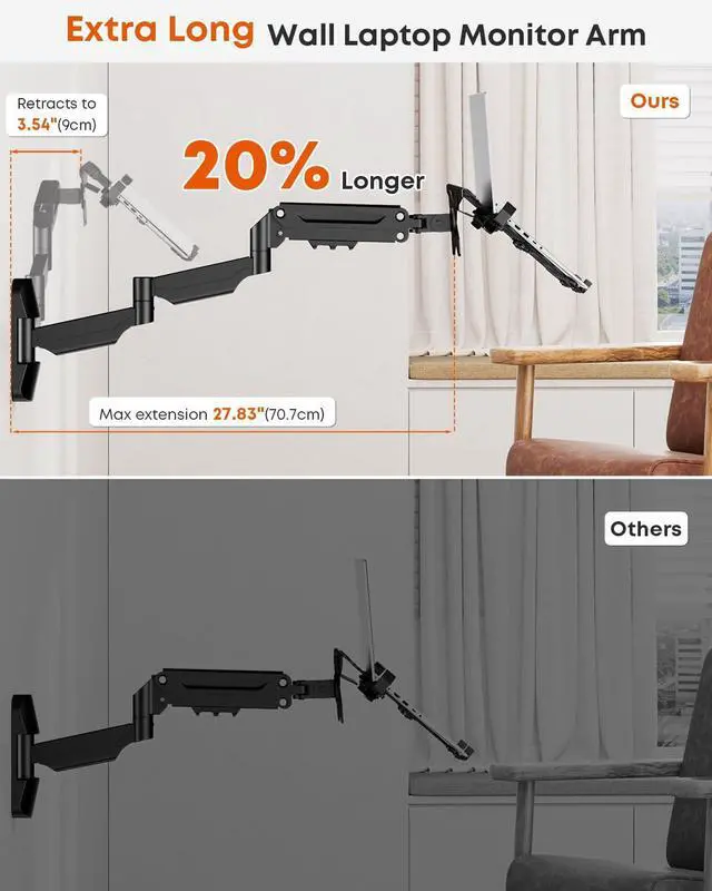 Alt view image 3 of 6 - Long Arm 2-in-1 Laptop Wall Mount with Detachable Tray for 12-17'' Laptops | 30.28'' Extra Long Gas Spring Arm, Also fits 13-32'' Monitors, Stability, Easy to Install, Max holds 19.8lbs, Black