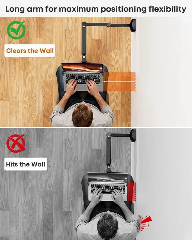 Alt view image 4 of 6 - Long Arm 2-in-1 Laptop Wall Mount with Detachable Tray for 12-17'' Laptops | 30.28'' Extra Long Gas Spring Arm, Also fits 13-32'' Monitors, Stability, Easy to Install, Max holds 19.8lbs, Black