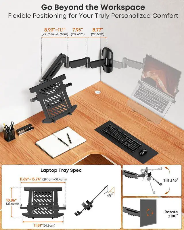 Alt view image 6 of 6 - Long Arm 2-in-1 Laptop Wall Mount with Detachable Tray for 12-17'' Laptops | 30.28'' Extra Long Gas Spring Arm, Also fits 13-32'' Monitors, Stability, Easy to Install, Max holds 19.8lbs, Black