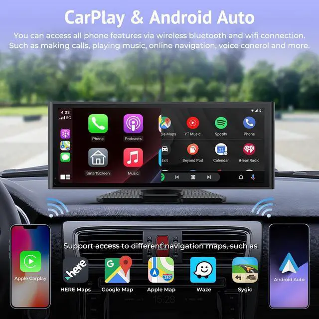 Alt view image 6 of 6 - 10.26" CarPlay Screen for Car with 4K DashCam&1080P Backup Camera | HD IPS Touch Car Play Screen Compatible with Apple Carplay&Android Auto,SuperLink, Loop Recording, Bluetooth Audio, GPS, Siri