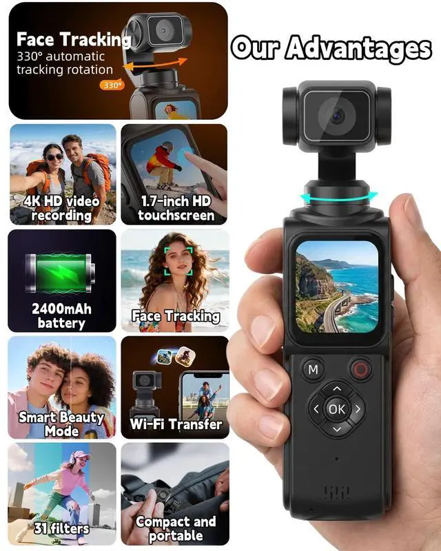 Alt view image 3 of 6 - 4K Vlogging Camera with 330° Rotating Lens & Face Tracking, 65MP Pocket Camera with WiFi, 6-Axis Stabilization, Touch Screen, 64GB TF Card & Tripod, Handheld POV Cam for YouTube TikTok Travel