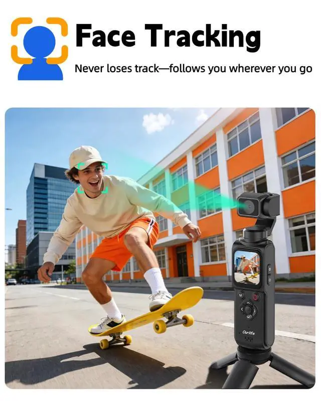 Alt view image 4 of 6 - 4K Vlogging Camera with 330° Rotating Lens & Face Tracking, 65MP Pocket Camera with WiFi, 6-Axis Stabilization, Touch Screen, 64GB TF Card & Tripod, Handheld POV Cam for YouTube TikTok Travel