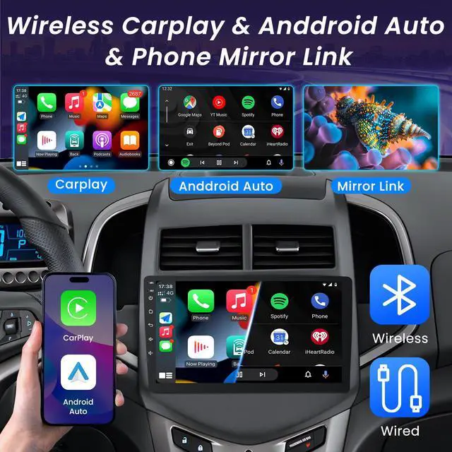 Alt view image 2 of 6 - 4 + 64G ROM Android 15 Car Radio for 2012-2016 Chevy Aveo Sonic: 9" QLED HD IPS Touchscreen Stereo, Wireless Carplay Android Auto 5G WiFi GPS FM 1080P Backup Camera SWC Bluetooth Voice Control