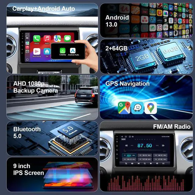 Alt view image 3 of 6 - 64GB Car Radio Stereo Upgrade for Ford F150 2009 2010 2011 2012, Plug and Play 9'' Android 13 Head Unit with Wireless Carplay/Android Auto/1080P Backup Camera/AM FM Radio