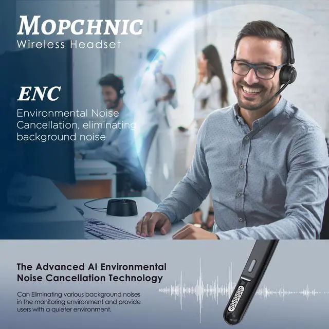 Alt view image 4 of 6 - Bluetooth Headset, Wireless Headphone with AI Noise-Canceling Microphone On Ear Wireless Headset with USB Dongle for Computer Office