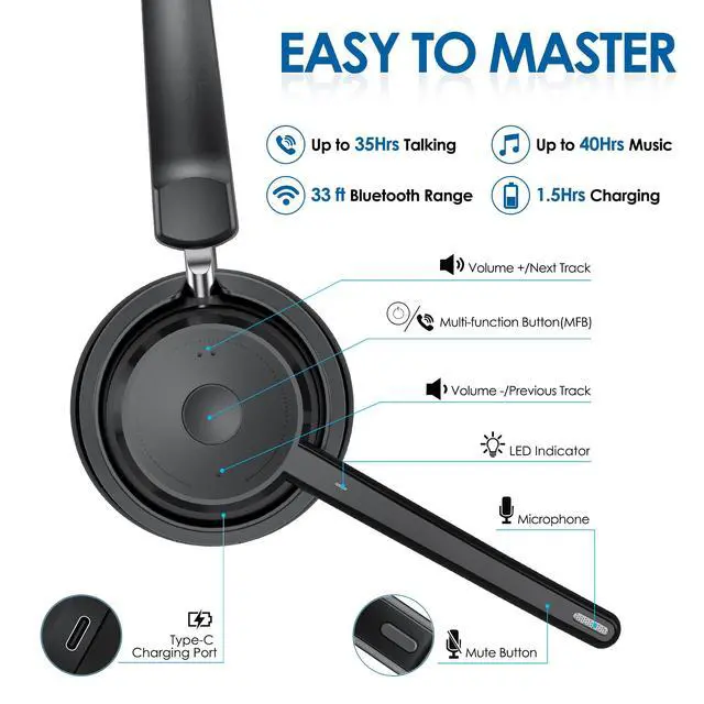 Alt view image 5 of 6 - Bluetooth Headset, Wireless Headphone with AI Noise-Canceling Microphone On Ear Wireless Headset with USB Dongle for Computer Office
