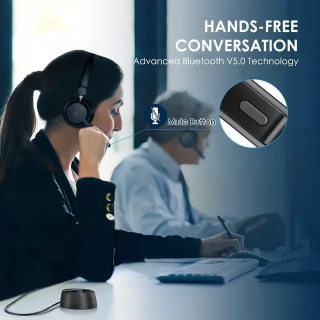 Alt view image 6 of 6 - Bluetooth Headset, Wireless Headphone with AI Noise-Canceling Microphone On Ear Wireless Headset with USB Dongle for Computer Office
