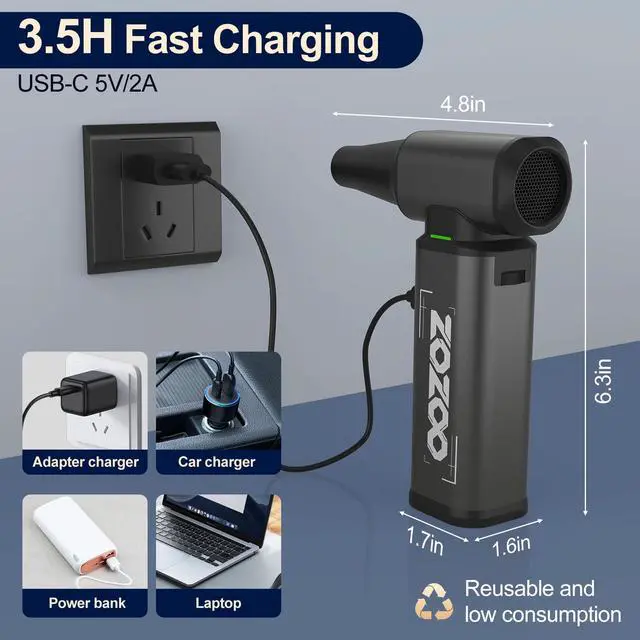 Alt view image 2 of 6 - Compressed Air Duster, 180000RPM Powerful Cordless Electric Air Duster with Brushless Motor and LED Light, Rechargeable Stepless Speed Regulation Dust Blower for PC, Keyboard, House, Car and Outdoor
