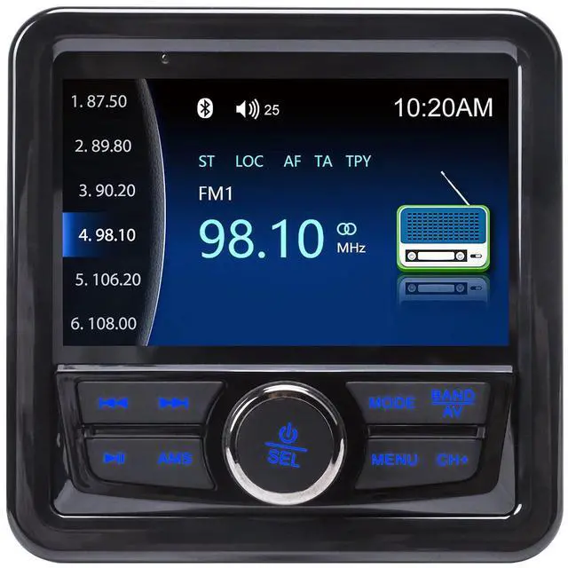 Main image of Audio Systems Marine Gauge Receiver - Weatherproof, 4-inch Display Screen, Built-in Amplifier, Bluetooth, Digital Media MP3 Player, No CD Player, USB Port