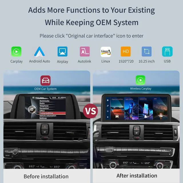 Alt view image 2 of 6 - Wireless CarPlay/Android Auto 10.25'' Touchscreen Multimedia Radio Receiver for BMW 3 4 Ser F30/F31/F32/F33/F34/F36 2012-2016 Year with NBT-System HD 1920*720 Resolution Keep Car OEM Features