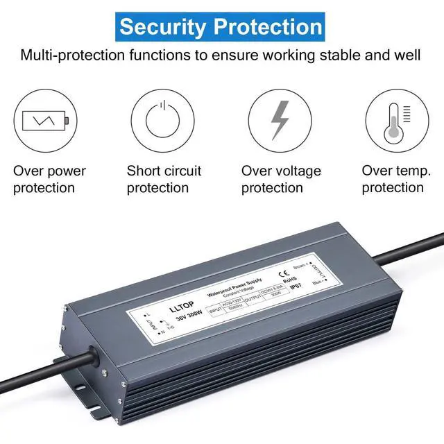 Alt view image 2 of 6 - 36V DC Power Supply Waterproof IP67 Transformer 300W 8.33A | AC100-130V Input, Aluminum Case, Constant Voltage Converter, Outdoor Transformer for LED Lights, For Pump Humidifier