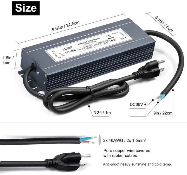 Alt view image 3 of 6 - 36V DC Power Supply Waterproof IP67 Transformer 300W 8.33A | AC100-130V Input, Aluminum Case, Constant Voltage Converter, Outdoor Transformer for LED Lights, For Pump Humidifier