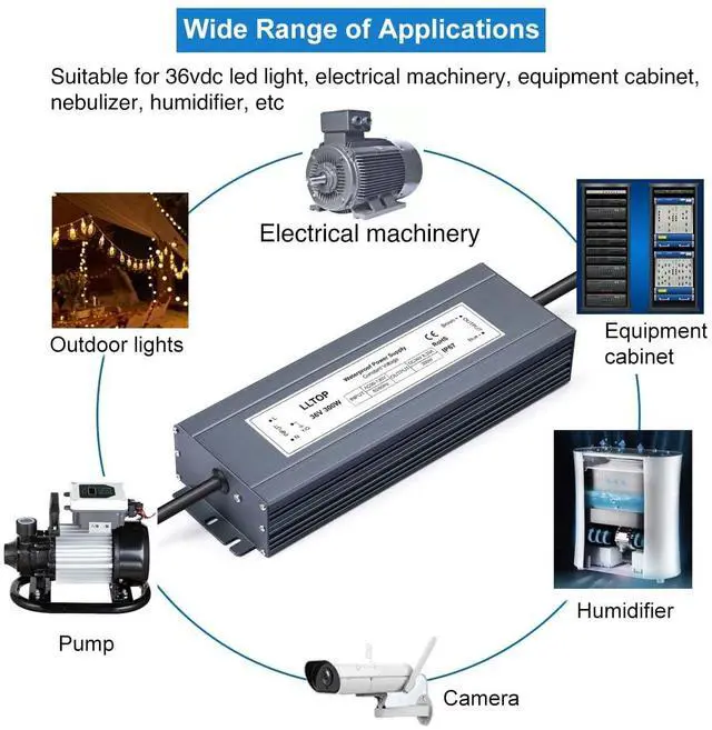 Alt view image 4 of 6 - 36V DC Power Supply Waterproof IP67 Transformer 300W 8.33A | AC100-130V Input, Aluminum Case, Constant Voltage Converter, Outdoor Transformer for LED Lights, For Pump Humidifier