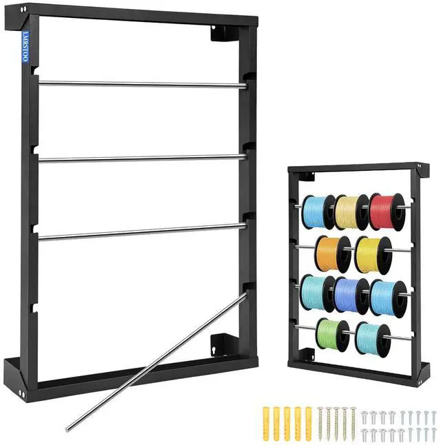 Main image of Heavy Duty Wall Mounted Wire Spool Rack, with 4 Adjustable Rods | Cold-Rolled Steel Wire Spool Holder, Wire Spool Storage Rack for Industrial, Electrical, and Retail Storage and Display