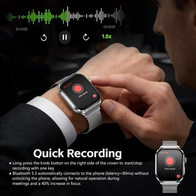 Alt view image 2 of 6 - AI Smart Watch with Voice Recorder, Transcribe & Summarize with AI for Meetings, App Control, Supports 135 Languages, 2.13" AMOLED Display, Health, Fitness & Sleep Tracker, 80+ Workout Modes, Silver
