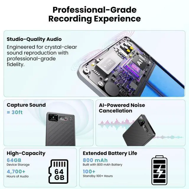 Alt view image 2 of 6 - AI Voice Recorder, Note Taking Device Transcribe & Summarize Voice Recorder | With Display, App Control, Supports 132+ Languages, 100H, 64GB, Magnetic Audio Recorder for Lectures Meetings Calls, Black
