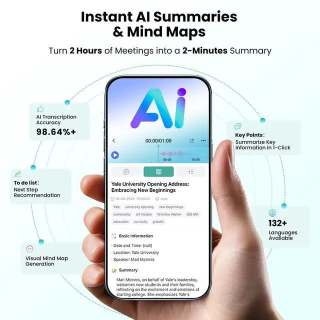 Alt view image 5 of 6 - AI Voice Recorder, Note Taking Device Transcribe & Summarize Voice Recorder | With Display, App Control, Supports 132+ Languages, 100H, 64GB, Magnetic Audio Recorder for Lectures Meetings Calls, Black