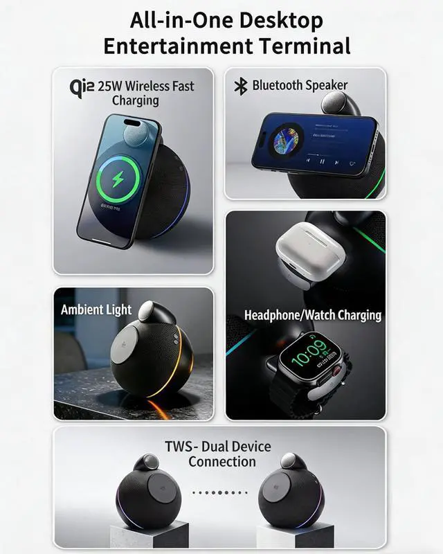 Alt view image 2 of 6 - 2-in-1 Magnetic Wireless Charger & Bluetooth Speaker 25W Fast Charging for iPhone, Apple Watch & AirPods, True Stereo Sound, TWS, Dynamic LED Ambient Light, Travel-Friendly