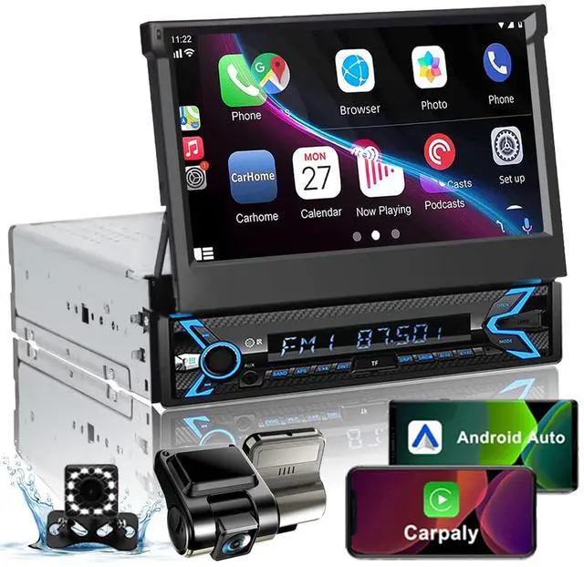 Main image of Single Din Flip Out Screen Car Radio with Backup Camera & Dash Cam | 7inch Flip Up Screen Car Stereo Single Din with Apple Carplay & Android Auto, Bluetooth, FM/EQ, Mirrorlink, SWC, Subwoofer